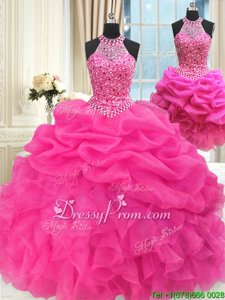 Inexpensive Floor Length Ball Gowns Sleeveless Hot Pink 15th Birthday Dress Lace Up
