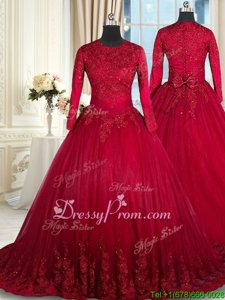 Fashion Tulle Scoop Long Sleeves Clasp Handle Beading and Lace and Bowknot Ball Gown Prom Dress inWine Red