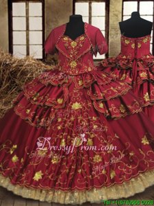 Superior Floor Length Lace Up Quinceanera Dress Wine Red and In forMilitary Ball and Sweet 16 and Quinceanera withBeading and Embroidery and Ruffled Layers