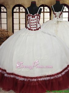 Exceptional White And Red Ball Gowns Organza Straps Sleeveless Beading Floor Length Lace Up 15 Quinceanera Dress