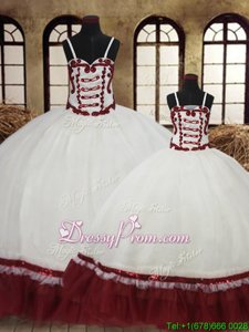 Spectacular Straps Sleeveless Lace Up Quinceanera Gown White and Wine Red Satin and Organza