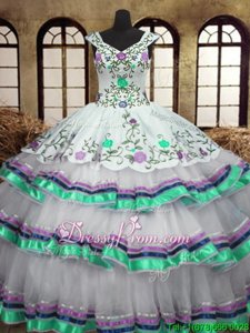 Romantic White Sleeveless Embroidery and Ruffled Layers Floor Length 15 Quinceanera Dress