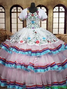 Fantastic White Organza and Taffeta Lace Up 15th Birthday Dress Sleeveless Floor Length Embroidery and Ruffled Layers