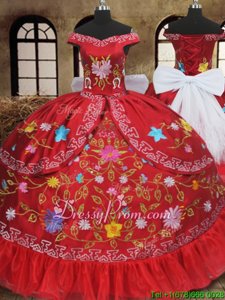 Super Red Organza and Taffeta Lace Up Sweet 16 Quinceanera Dress Sleeveless Floor Length Embroidery and Bowknot