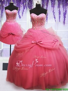 Deluxe Watermelon Red Sleeveless Beading and Bowknot Floor Length Quinceanera Gown