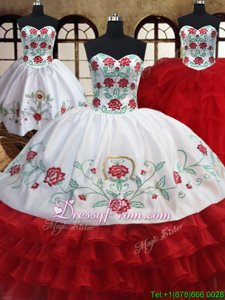 Fitting Organza Sweetheart Sleeveless Lace Up Embroidery and Ruffled Layers Ball Gown Prom Dress inWhite and Red