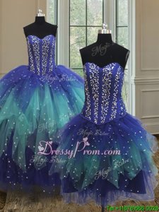 Pretty Beading and Ruffles Quince Ball Gowns Multi-color Lace Up Sleeveless Floor Length