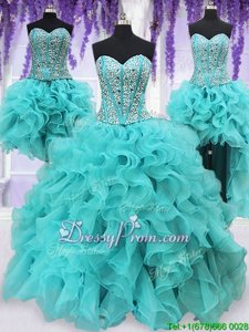 Top Selling Aqua Blue Organza Lace Up Sweetheart Sleeveless Floor Length Quinceanera Dress Beading and Ruffles