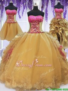 Adorable Strapless Sleeveless Quinceanera Gowns With Brush Train Beading and Lace and Ruffles Hot Pink and Gold Organza and Taffeta
