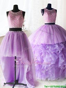 Deluxe Lilac Sweet 16 Dress Military Ball and Sweet 16 and Quinceanera and For withBeading and Lace and Ruffles Scoop Sleeveless Brush Train Zipper