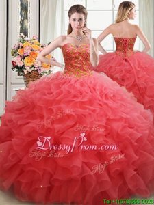 Fitting Sweetheart Sleeveless Organza Ball Gown Prom Dress Beading and Ruffles Lace Up