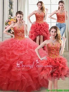 Smart Coral Red Sleeveless Organza Lace Up Quince Ball Gowns forMilitary Ball and Sweet 16 and Quinceanera