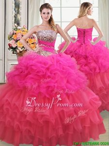 Custom Made Sleeveless Floor Length Beading and Ruffles and Ruffled Layers and Sequins Lace Up Quinceanera Dress with Multi-color