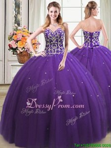 Best Purple Tulle Lace Up Sweetheart Sleeveless Floor Length Quinceanera Gown Beading