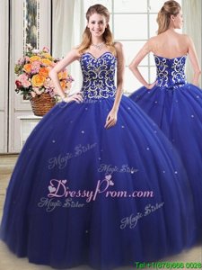 Gorgeous Royal Blue Tulle Lace Up Sweetheart Sleeveless Floor Length Vestidos de Quinceanera Beading