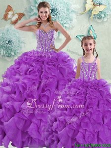 Sumptuous Sweetheart Sleeveless Organza Quinceanera Gown Beading and Ruffles Brush Train Lace Up