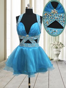 Traditional Halter Top Sleeveless Mini Length Beading Backless Prom Dress with Baby Blue