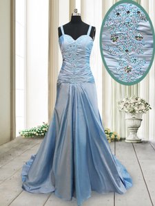 Dazzling Light Blue Criss Cross Straps Beading Prom Gown Elastic Woven Satin Sleeveless Sweep Train