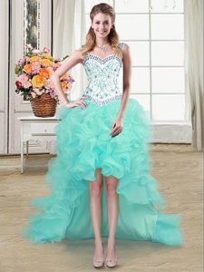 Amazing Aqua Blue Ball Gowns Straps Sleeveless Organza High Low Lace Up Beading and Ruffles Prom Evening Gown