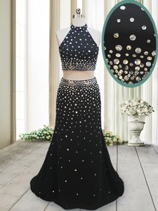 Halter Top Sleeveless Backless Prom Dress Black Chiffon