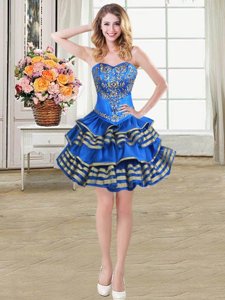 Simple Blue Sleeveless Beading and Embroidery and Ruffled Layers Mini Length Prom Dress