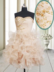 Latest Champagne Ball Gowns Organza Sweetheart Sleeveless Beading and Ruffles Mini Length Lace Up Prom Dress