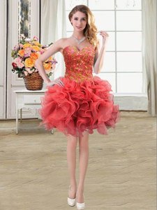 Mini Length Coral Red Prom Gown Sweetheart Sleeveless Lace Up