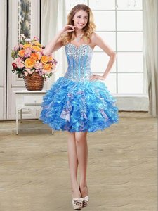 Beading and Ruffles and Sequins Prom Gown Baby Blue Lace Up Sleeveless Mini Length