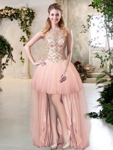 Shining Scoop Sleeveless Zipper High Low Beading Prom Dresses