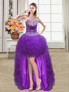 Top Selling Mini Length Eggplant Purple Prom Party Dress Tulle Sleeveless Beading and Ruffles