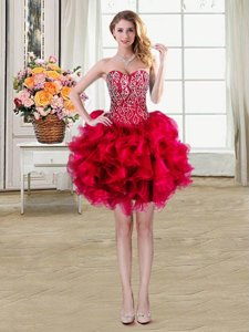 Red Ball Gowns Organza Sweetheart Sleeveless Beading and Ruffles Mini Length Lace Up Prom Dress