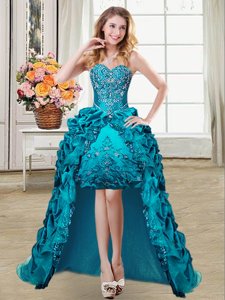 Sleeveless High Low Embroidery and Pick Ups Lace Up Homecoming Dress with Teal