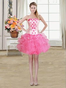 Customized Strapless Sleeveless Lace Up Evening Dress Rose Pink Organza