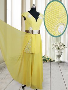 Floor Length Yellow Chiffon Cap Sleeves Beading and Belt