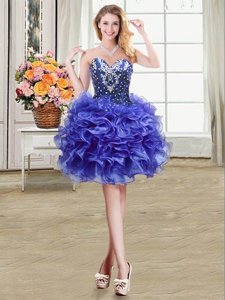 Shining Blue Lace Up Evening Dress Beading and Ruffles Sleeveless Mini Length