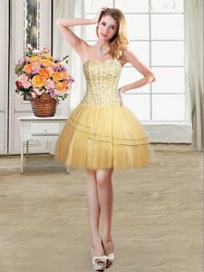 Exquisite Sleeveless Tulle Mini Length Lace Up Prom Evening Gown in Gold for with Beading and Sequins