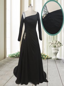 Fashion With Train Black Prom Dresses Asymmetric Long Sleeves Sweep Train Side Zipper