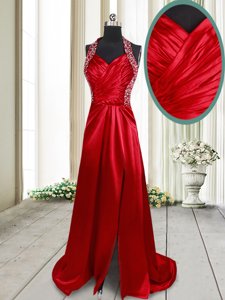 Low Price Halter Top Criss Cross Elastic Woven Satin Sleeveless Prom Evening Gown Brush Train and Beading