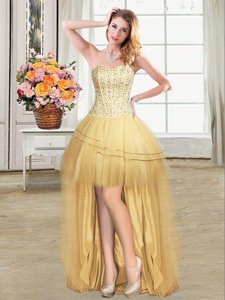 Gold Sleeveless High Low Beading and Sequins Lace Up Homecoming Dress