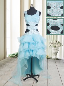 Straps Straps Criss Cross Aqua Blue Sleeveless Beading and Ruffled Layers High Low Prom Dresses