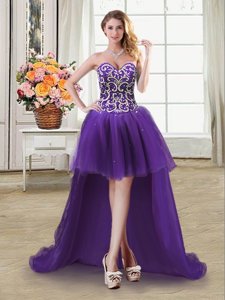 Sleeveless Lace Up High Low Beading and Sequins Prom Party Dress