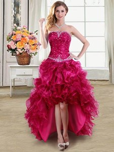 Sophisticated Fuchsia Strapless Neckline Beading and Ruffles Prom Party Dress Sleeveless Lace Up