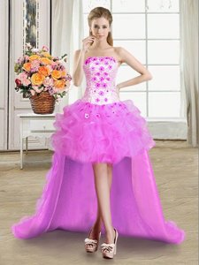 Fitting Lilac Prom Party Dress Prom and Party and For with Beading and Appliques and Ruffles Strapless Sleeveless Lace Up