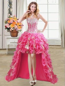 Elegant Sequins Ball Gowns Prom Party Dress Hot Pink Sweetheart Organza Sleeveless High Low Lace Up