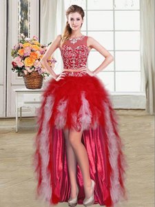 Scoop Red Zipper Prom Party Dress Beading and Ruffles Sleeveless High Low