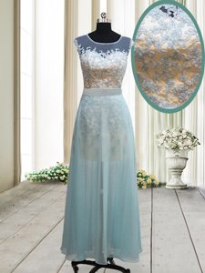 Latest Light Blue Empire Chiffon Scoop Cap Sleeves Lace Ankle Length Backless Prom Evening Gown