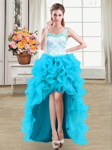 Straps Sleeveless Lace Up Prom Party Dress Baby Blue Organza