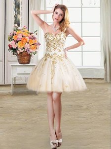 Champagne Tulle Lace Up Sweetheart Sleeveless Mini Length Homecoming Dress Beading