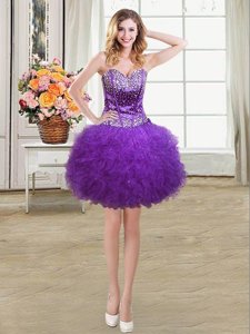 Spectacular Mini Length Eggplant Purple Tulle Sleeveless Beading and Ruffles