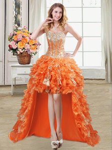 Orange Ball Gowns Beading and Ruffles and Sequins Prom Dress Lace Up Organza Sleeveless High Low